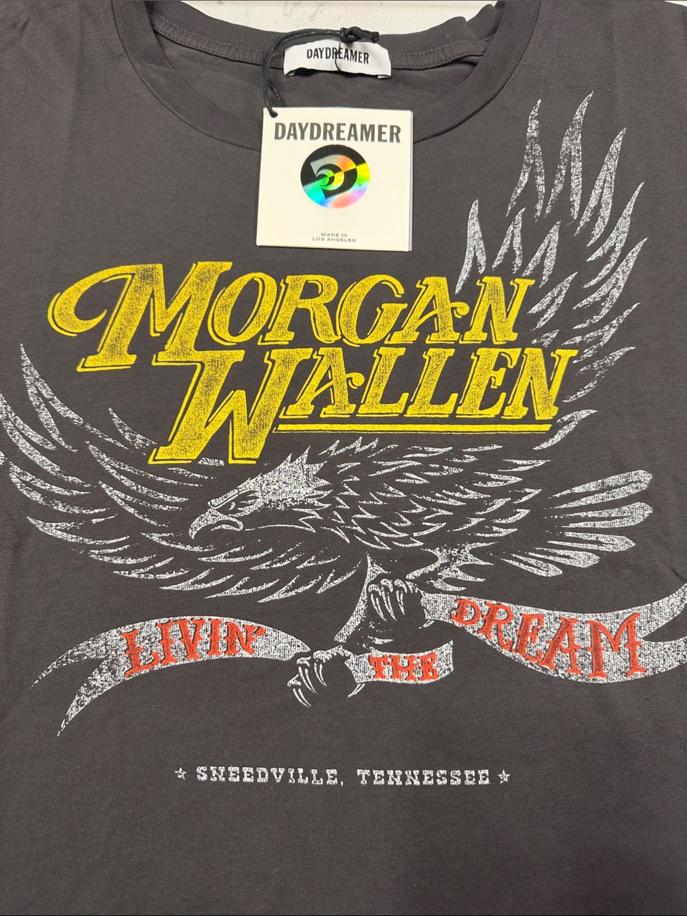 Daydreamer Charcoal Tee with Yellow Morgan Wallen Logo and White Eagle